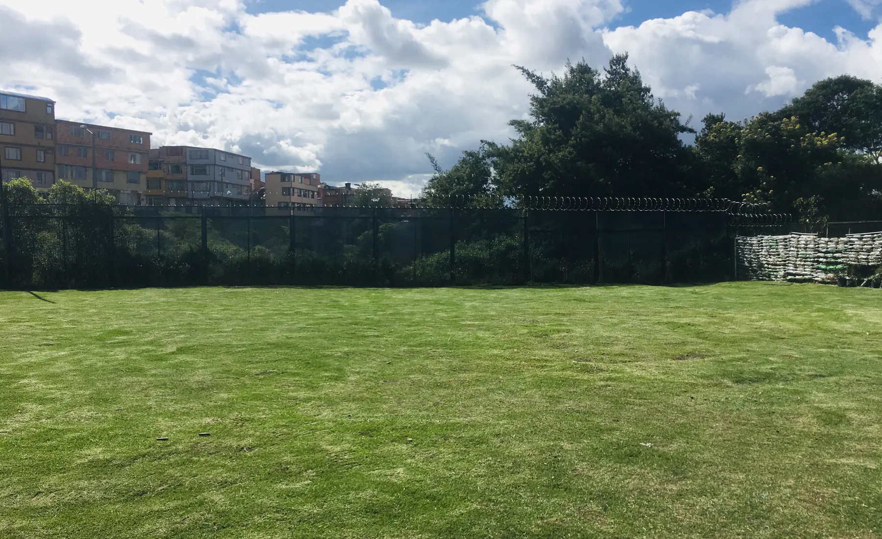 Área amplia con césped natural establecido en un entorno urbano de Bogotá
